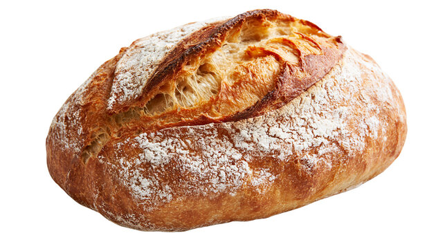 Crusty artisan sourdough loaf with golden brown baked flour dusted surface