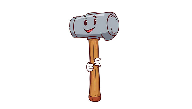 Cute cartoon hammer character with a friendly face and wooden handle holding onto something