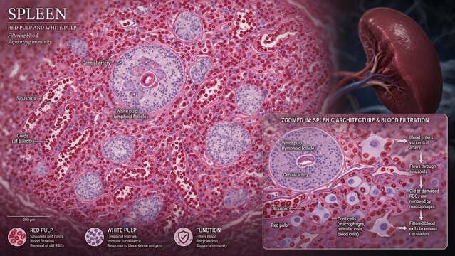 Histological section of splenic tissue featuring red pulp with sinusoids, white pulp containing lymphoid follicles and central arteries, and a zoomed inset illustrating microvascular blood filtration