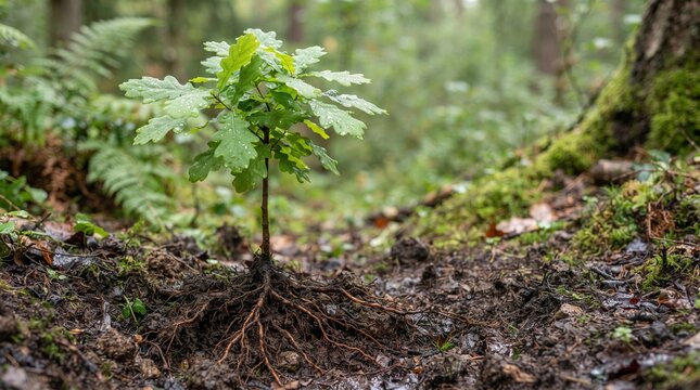 Young oak sapling with exposed roots growing in a forest floor