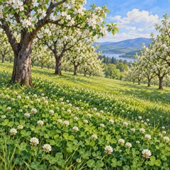 Fototapeta premium Flowering orchard above a meadow of white clover