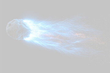 A glowing meteorite streaks across a dark space engulfed in blue electric energy and bright sparks. It leaves behind a trail of dynamic blue lightning intertwined with fiery orange. ©  Error404