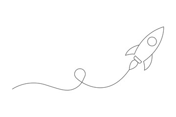 Obraz premium Rocket launch line art with a winding flight trail on a white background. Minimal space illustration shows motion and exploration. Ideal for posters, technology, education, and design.