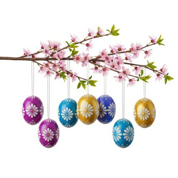Colorful Easter eggs hanging from a blooming spring tree branch
