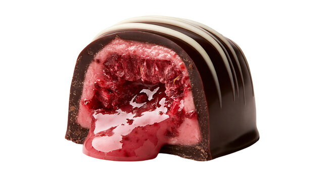 Dark chocolate truffle with creamy raspberry fruit filling and white drizzle