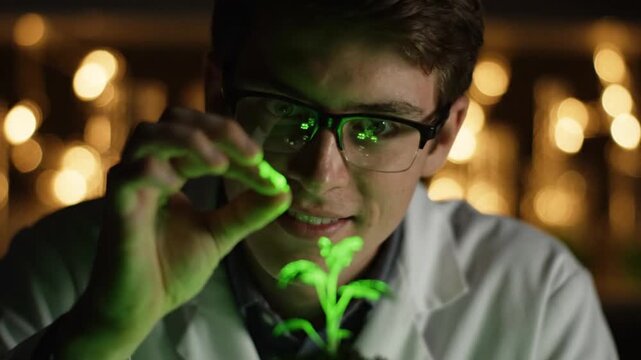 A young scientist examining a glowing green plant in a dark laboratory setting.
