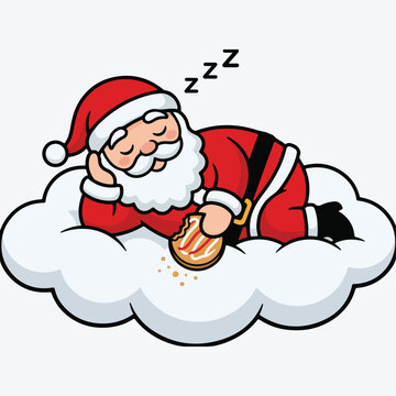 A cute cartoon illustration of santa claus sleeping peacefully on a fluffy white cloud while holding a delicious cookie after a long christmas night shift