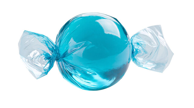 Round blue hard candy wrapped in translucent crinkled plastic foil