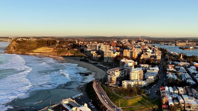 Panorama aerial cityscape of Newcastle in Australia downtown at sunrise on the coast.