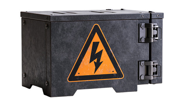 Black metal industrial storage box with orange high voltage warning sign