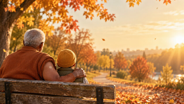 Peaceful autumn moment with senior and child sitting on bench after vaccination surrounded by colorful fall leaves and warm sunlight