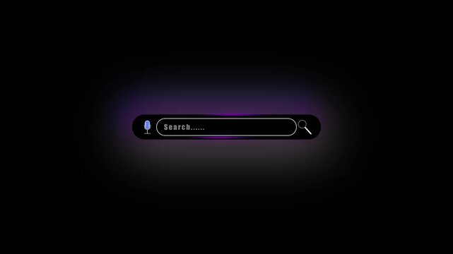 Search bar animation displays voice microphone and query tools on dark. Web browser information retrieval routes search bar. Digital data exploration runs on the bar.