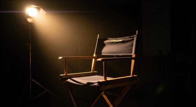Professional filmmaker chair with bright lens flare lighting.