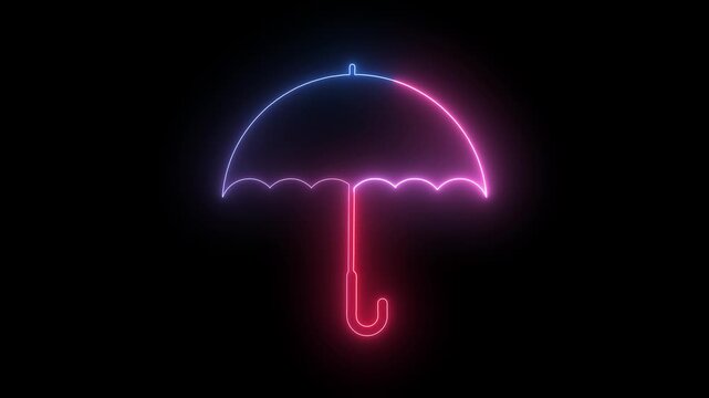 Umbrella outline animation glows with protective lines on dark. Weather precipitation safety confirms with umbrella. Security defense concepts feature umbrella.