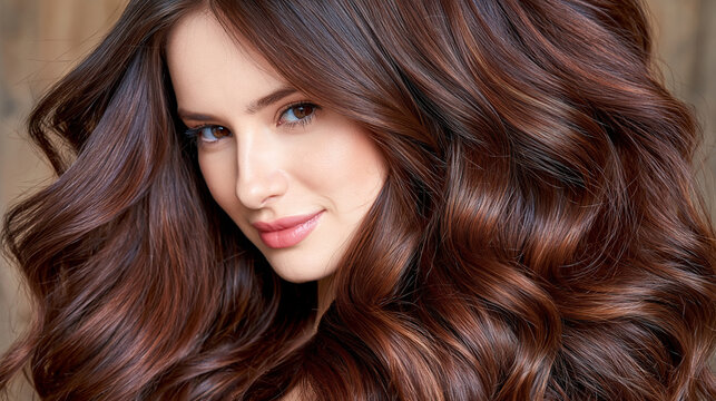 Close-up beauty concept featuring glossy deep brunette wavy hair with voluminous natural curls, detailed healthy strands and subtle highlights, smooth polished texture symbolizing professional hair 