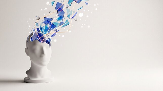 Mannequin head exploding into blue glass shards representing mental health consciousness and cognitive creative thinking