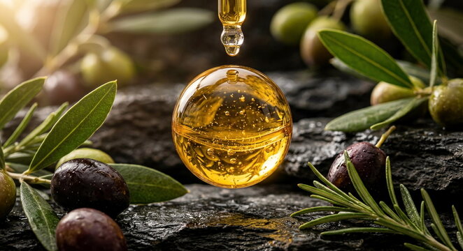 Golden olive oil droplet with polyphenols, bubbles, olives, leaves, and rosemary on dark stone backdrop
