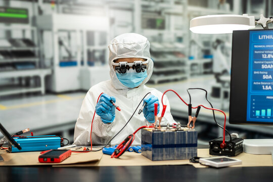Technician in protective clothing tests a lithium battery pack with probes and meters in a clean electronics laboratory.