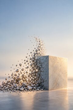 Pale stone cube breaking into scattered fragments