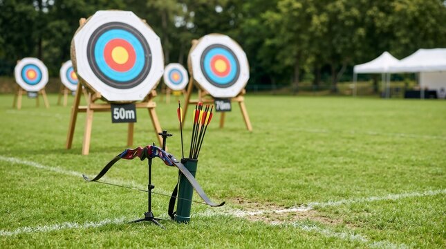 Archery bow and quiver with arrows on outdoor range. Target faces on grass field during competition practice