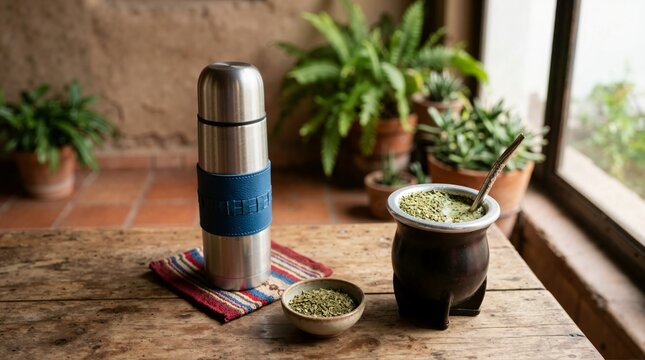 Traditional Argentine yerba mate with thermos and bombilla. Infusion gourd with loose tea leaves on wooden table