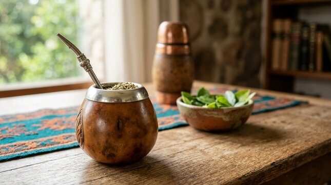 Carved calabash mate gourd with bombilla on wooden table. Traditional yerba mate tea set with dried herbs and leaves