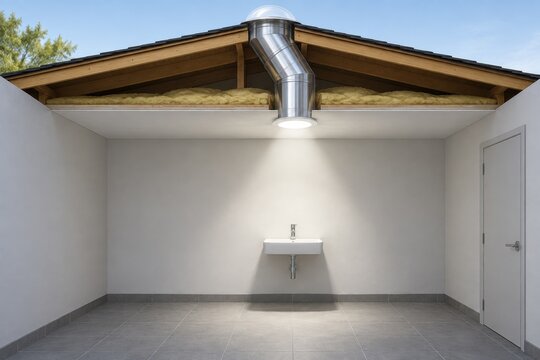 Roof cutaway showing a daylight tube above an empty room