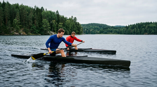 Two male athletes paddling in sprint canoes on a forest lake. Competitive water sports and canoe racing