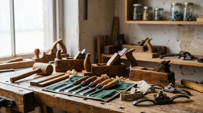 Vintage wooden hand planes and chisels arranged on carpenter workbench. Traditional woodworking hand tools