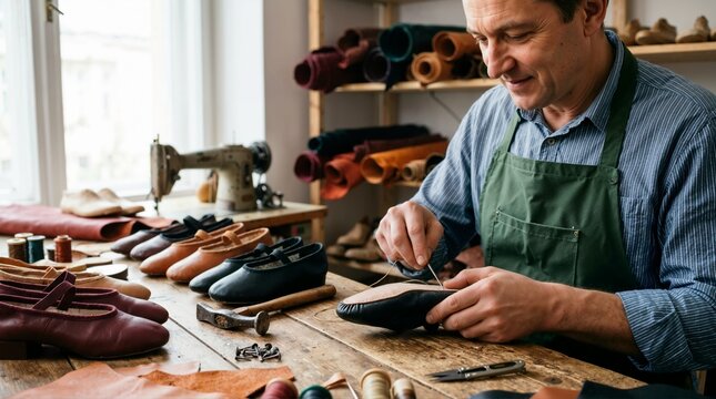 Cobbler stitching leather dance shoes by hand in his workshop. Craftsman sewing sole in shoe repair studio. Traditional shoemaking and leather craft profession concept