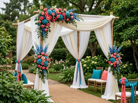 Decorated wedding canopy with vibrant floral arrangements and white drapes. Outdoor chuppah decorated with roses and hydrangeas in garden setting