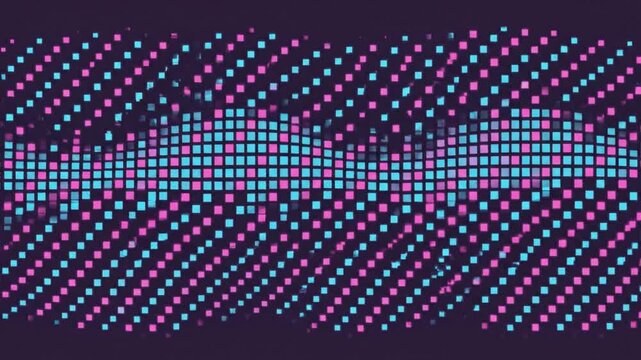 Digital wave animation featuring glowing blue and pink square pixels moving in a rhythmic pattern for modern tech motion video