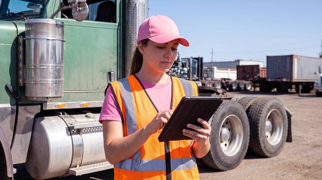 Female truck driver using digital tablet checking logistics by semi truck, transportation worker