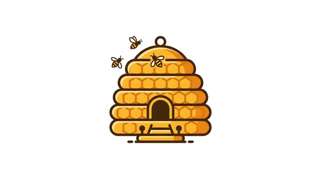 Vector illustration of a traditional beehive skep with a honeycomb pattern and cute bees flying around it, isolated on a white background