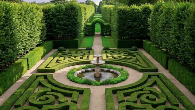 Ornate Hedge Maze Garden with Central Fountain and Symmetrical Pathways in Daylight