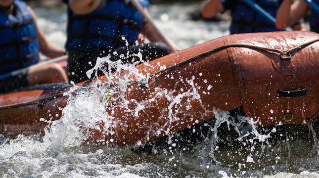 Group on rapid river ride in an orange raft splashing through water  