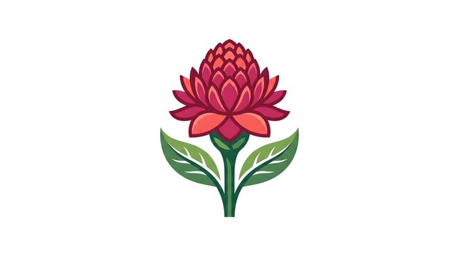 A clean flat vector illustration of a blooming pink and red tropical flower with green leaves, isolated on a white background.