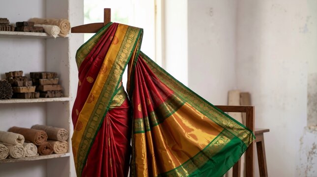 Traditional Indian silk saree draped on wooden mannequin stand. Maroon and golden yellow silk fabric with green zari border in textile workshop