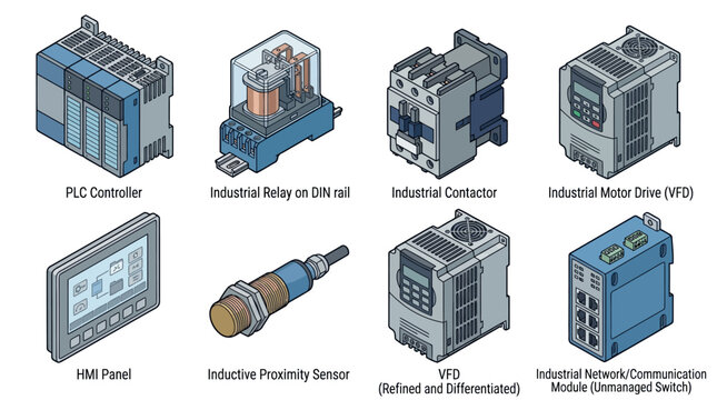 Isometric vector icons of industrial automation hardware including PLC VFD and sensors in a technical style. Perfect for engineering presentations or automation training manuals.