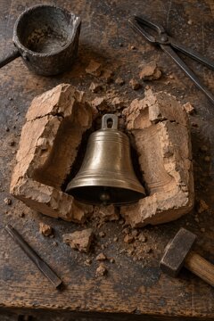Metal bell revealed inside a broken casting mold