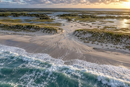 Aerial view of tidal channels across a sandy coast