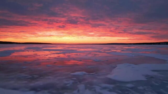 Dramatic Camera Motion Past Jagged Ice Blocks on Frozen Sea at Fiery Sunset