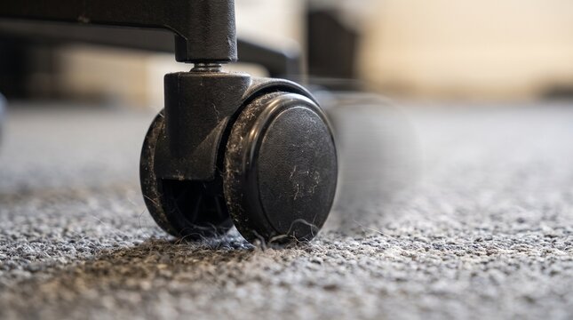 Office chair caster wheel rests on a gray carpeted floor in a workspace.