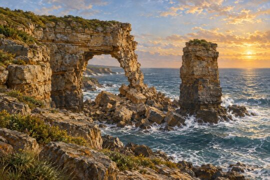 Coastal rock arch and sea stack in golden evening light