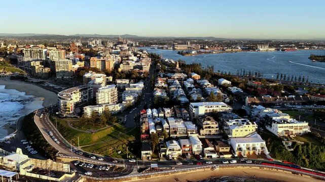 Downtown of Newcastle Australia city CBD aerial cityscape view from Pacific ocean.