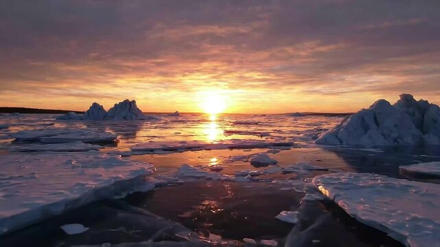 Dramatic Camera Motion Past Jagged Ice Blocks on Frozen Sea at Fiery Sunset