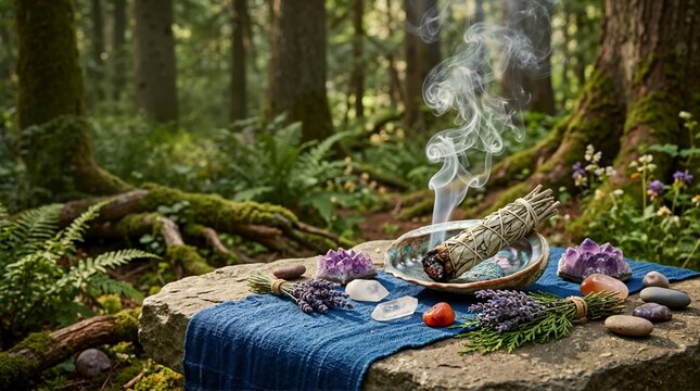 Burning sage smudge stick in abalone shell on stone altar in forest. Smudging ritual with smoke, amethyst crystals, herbs, and lavender