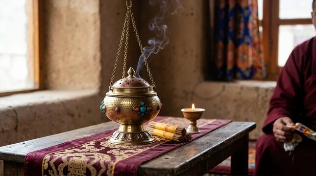 Tibetan incense burner with rising smoke on a carved wooden altar. Brass censer and butter lamp in a Buddhist temple setting