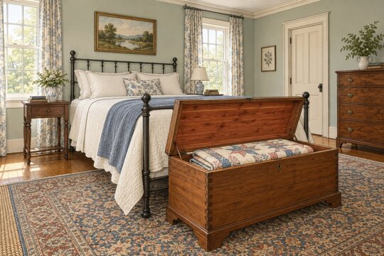 Open wooden blanket chest at the foot of a metal bed