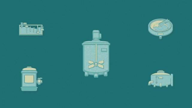 Water undergoes coagulation, settling, filtration, and clearwell storage before pumping onward. Flat 3D style with a dry silkscreen texture.